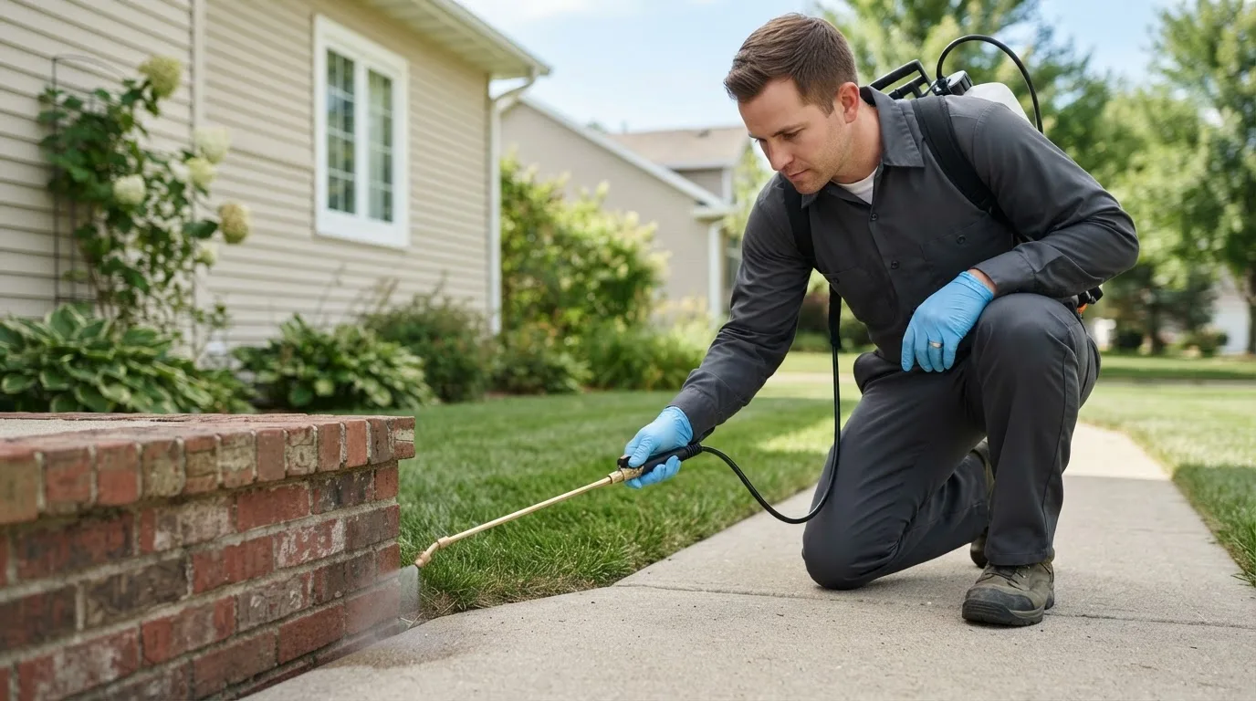 Pest control technician treating a home near Vian, OK